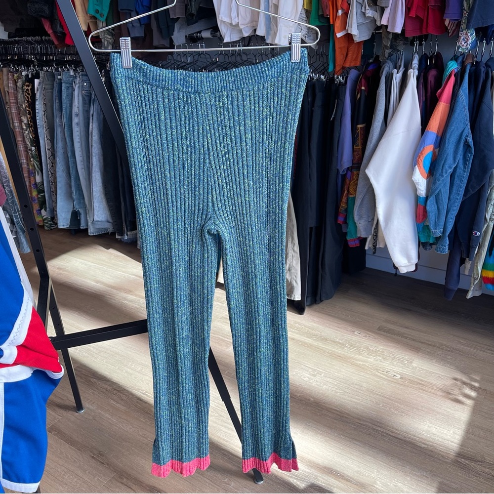 Womens Small YanYan Knits Pants Blue Pink Ribbed Knit Speckeled Boho Casual